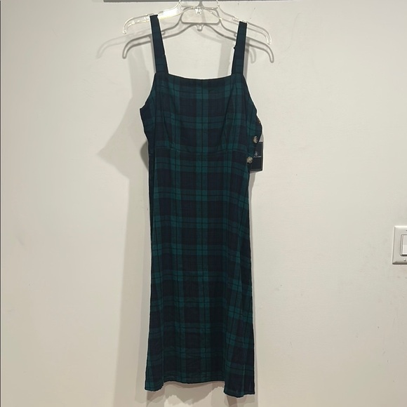Volcom Plaid Green navy side button a line Dress large new with tags - Picture 1 of 5